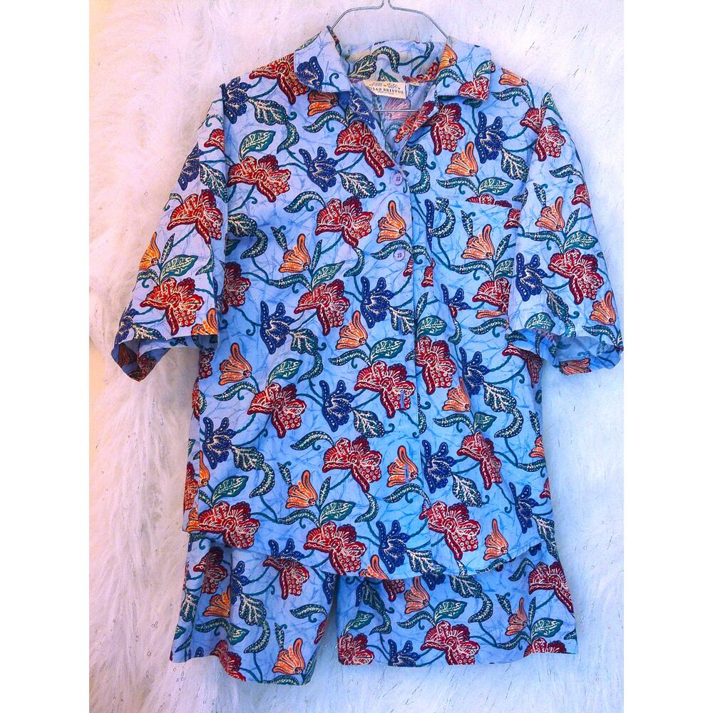 Vintage Susan Bristol Paisley Floral 2pc Set Top Size S Shorts Size 8 Blue - Picture 2 of 9
